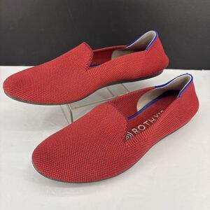 Rothys The Flat Loafer W6 Dark‎ Red Knit Halo Ballet Round Toe/Slip-On Blue Trim